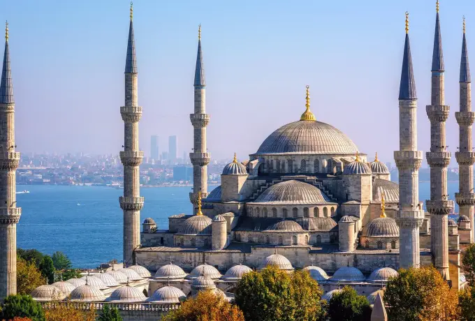 The Blue Mosque and its six minarets above the Bosphorus in Istanbul.